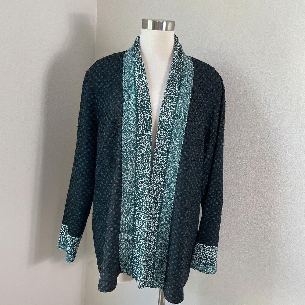 Chicos Travelers Womens XL Open Front Cardigan Jacket Crinkled Polka Dot Print